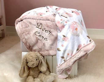 Personalized pink baby blanket Minky blanket girlwatercolor floral blanket personalized baby girl gift Boho baby newborn baby gift