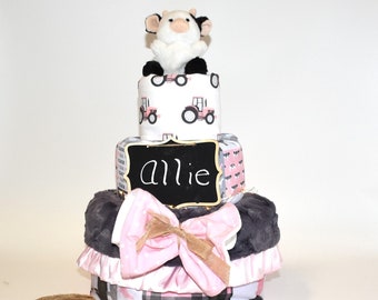 Personalized baby shower diaper cakes centerpieces, tier cake unique baby gift for girl, Farm Girl baby shower diaper cake for nursery decor