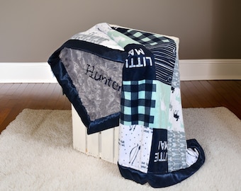 Personalized Woodland Minky BlanketMOOSE baby blankethandmade baby blanket with name woodland toddler blanket woodland nursery blue baby