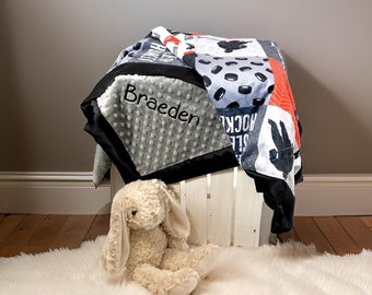 Personalized Ice Hockey baby boy minky blanket shower gift, Orange, Gray and Black baby- Personalized baby gift