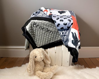 Personalized Ice Hockey baby boy minky blanket shower gift Orange Gray and Black baby Personalized baby gift