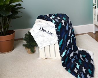 Nautical Personalized baby boy minky Blanket blue shark baby blanket Nautical baby gift custom blanket with name sea creature baby gift