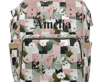Custom Baby Girl Diaper Backpack Pink Floral Sage Plaid Personalized Baby Shower Gift Cute Baby Gear Organizer for stylish mom weekender bag