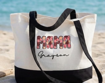 Personalized Mama Tote Bag Canvas Embroidered Gift New Mom Birthday Present Grandmother Keepsake Custom Name Monogrammed Beach Carryall
