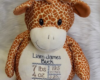 Personalized Giraffe baby stuffed animal, birth announcement safari boy baby shower gift, customized stuffed animal