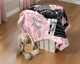 Woodland Personalized girl minky blanket-Baby girl Deer blanket, Pink Baby blanket, baby girl gift, Personalized baby gift, woodland blanket