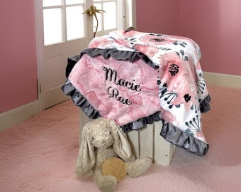 pink and gray baby girl blanketPersonalized baby gift pink watercolor floral blanket minky blanket Personalized newborn baby gift