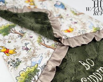 Personalized Pooh baby Blanket Custom Baby Shower Present Gender Neutral Nursery Bedding Newborn Minky Fabric Satin Trim Classic Disney Bear