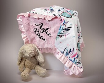 Personalized gift for baby girl handmade minky baby blanket with satin Dreamcatcher baby bedding newborn baby gift girl Dreamcatcher blanket