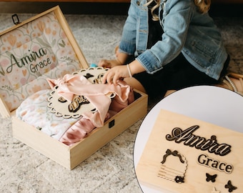 Personalized floral memory box baby girl keepsake embroidered trunk baby gift idea for mom organizer box for baby shower gift for new mom