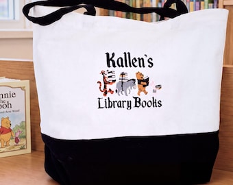 Personalized Library Canvas Tote Bag Custom Name Embroidered Winnie Pooh Character Book Organizer novel Reading Teacher Gift Student School
