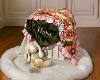 Personalized floral girl Minky Baby Blanket, hippy neutral soft baby blanket for floral girl nursery, coral floral mushroom baby blanket