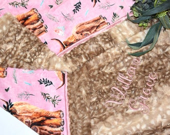 Highland Cow baby girl Personalized Baby Girl blanketminky baby blanket floral highland cow highland cows blanket handmade baby gift
