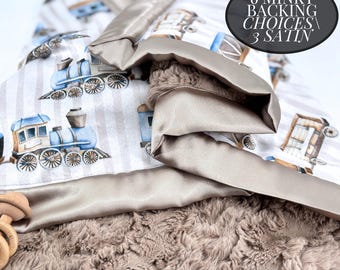 Personalized Baby Blanket Minky Fabric Train Design Vintage Style Nursery Decor Blue Transportation Theme Bedding Soft Plush Crib Accessory