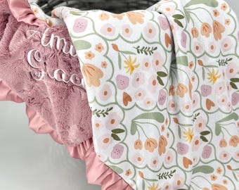 Motif vintage baby girl blanket personalized with satin ruffle edge baby shower heirloom quality baby girl gift vintage regency nursery