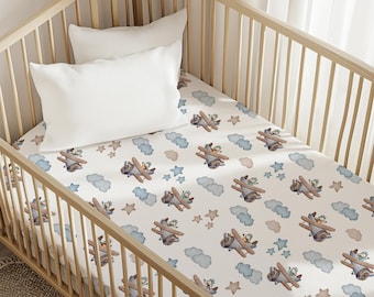 Vintage Airplane fitted crib sheet for plane nursery decor crib baby bedding jersey knit baby bed aviation baby gift newborn baby boy gift