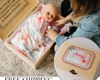 Personalized first doll box heirloom trunk keepsake for baby girl grandma unique gift for age 2 birthday gift nana toys for kids xmas gift