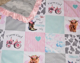 Western Personalized Blanket-Pink Cowgirl blanket- Western baby blanket- highland cow baby girl-baby girl horse-Highland Cow blanket