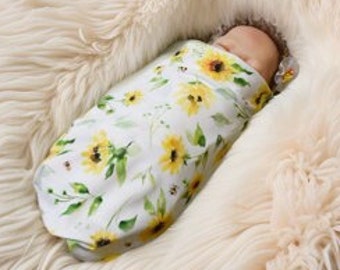 Yellow Sunflower Boho Watercolor Knit Swaddle Blanket - Baby Girl Floral Nursery Decor - Cozy Designer Jersey Knit - Baby Shower Gift Idea