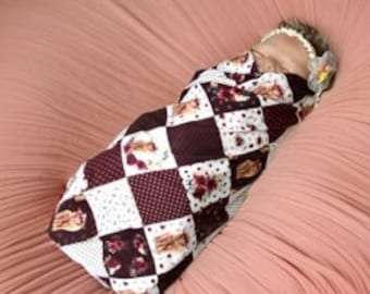 Knit Swaddle Blanket-Merlot Burgundy and Ivory HIGHLAND COW Floral swaddle Baby Girl Blanket- Country Boho Baby girl gift