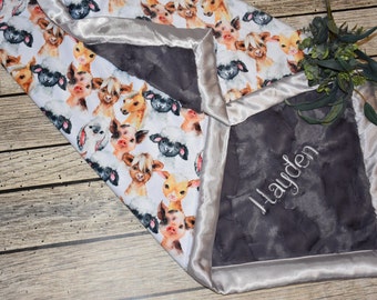 Farm animal Personalized baby boy minky Blanket- Baby animals baby shower gift, gender neutral baby gift, cow blanket, farm baby gift