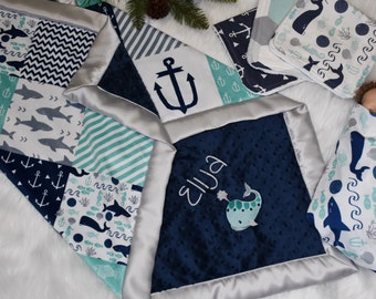 Personalized Nautical Blue Baby Boy Minky Blanket Shower Gift-Whale Personalized Baby Gift idea for Nautical Nursery, Swaddle,  burp cloth