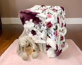 Personalized baby girl blanket, floral baby gift, pink baby blanket, soft baby blanket girl, new baby girl, monogram, cowgirl minky blanket