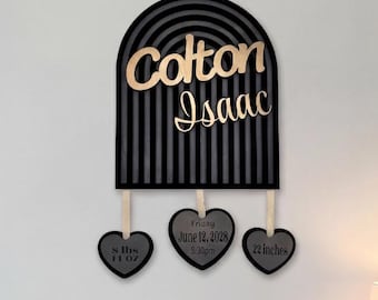 Birth Announcement Sign Personalized Baby Keepsake Wooden Name Art Rainbow Nursery Wall Custom Newborn Stat Board Gold Lettering Plaque
