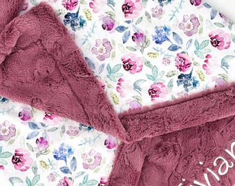 Personalized Baby Blanket with Name Embroidered Comfort Newborn Wrap Floral Design Nursery Decor Infant Room Security Blanket Mink Material