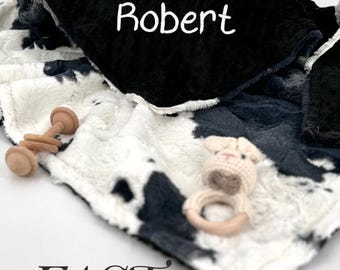 Personalized cow print Baby Blanket Minky Custom Name Baby Shower Gift Newborn western Nursery Decor Soft cow pattern Photo Prop Blanket