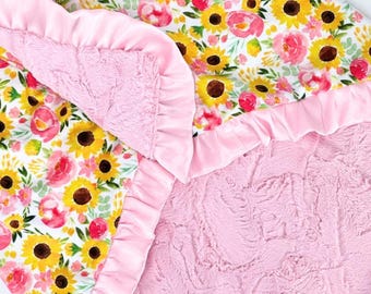 Baby Girl Blanket Comfort Wrap Newborn Gift Pink Room Decor Piece Floral Design Infant Comfort Nursery Set Shower Present Satin Trim Ruffle