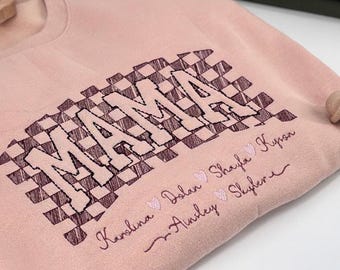 Custom Mama Sweatshirt with Names Embroidered Pullover for Mom Present Idea for Mothers Day Sweater Family Gift Mom Keepsake with Kids Names