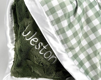Personalized Baby boy Blanket Sage Green Check Minky Baby Shower Gift Security Blanket Custom Gingham Nursery Decor Soft Newborn Photo Prop
