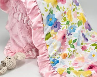 Soft Floral Minky Blanket Baby girl Gift for pink floral Nursery Custom Baby Room Decor Pink Satin Trim Ruffle Edge minky baby girl blanket