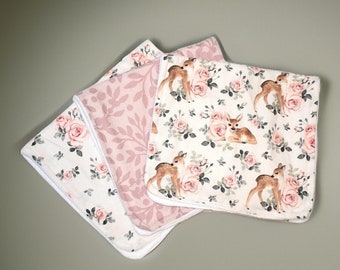 Personalized Pink and Bronze Floral Deer Burp Cloth Set for Baby Girl - Woodland Baby Shower Gift