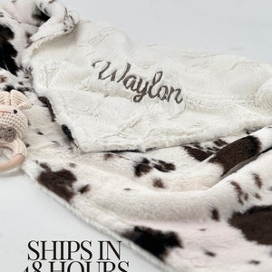 Personalized plush cowhide minky baby blanket Western nursery