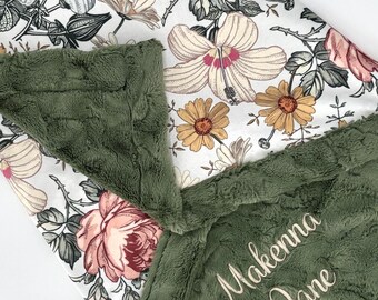 Vintage floral deep green personalized baby blanket girl name blanket handmade custom minky blanket girl baby gift  for vintage nursery idea