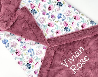 Personalized Baby Blanket with Name Embroidered Comfort Newborn Wrap Floral Design Nursery Decor Infant Room Security Blanket Mink Material