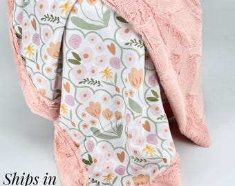 Coral floral Baby girl Blanket with name Girl baby Shower Gift toddler Blanket Boho personalized soft Minky blanket soft touch handmade gift