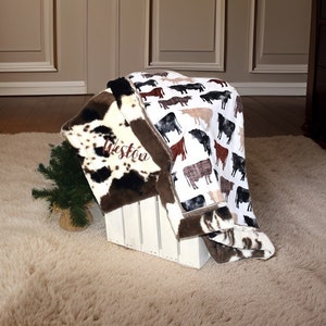 Personalizado vaca bebé niño minky manta vaca bebé ducha regalo granjero bebé manta regalo para recién nacido manta de bebé personalizada con nombre