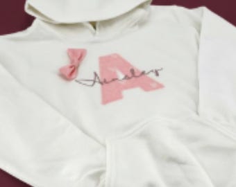 Personalized Child Hoodie Monogram Applique Initial Pullover Embroidered Name Custom Sweatshirt Bow Detail Lace Design Kid Clothing Youth