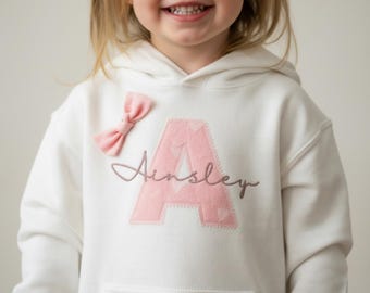 Personalized Child Hoodie Monogram Applique Initial Pullover Embroidered Name Custom Sweatshirt Bow Detail Lace Design Kid Clothing Youth