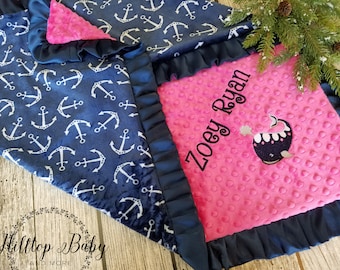 Personalized Baby Gift, Personalized Pink Nautical Baby Girl Blanket,  Fuchsia and navy Whale baby girl personalized nautical baby gift