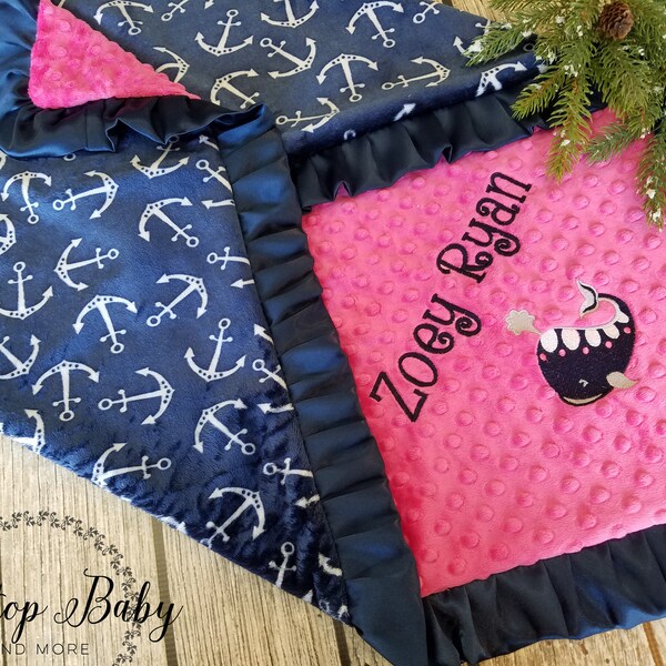 Personalized Nautical Fleece Baby Blanket - Navy & Pink Sailboat Design 30x40 Inches