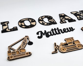 Construction Nursery Boy Name Sign Personalized Wooden Art Excavator Bedroom Wall Hanging Handcrafted Wood Piece Custom Child Nameplate