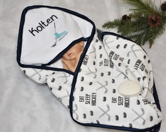 Personalized Ice Hockey baby Boy Hooded Towel, Navy and Mint Hockey baby Boy Personalized gift, sports Baby Boy shower gift