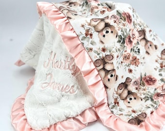 Personalized Baby Blanket Teddy Bear Floral Print Pink Satin Trim Nursery Crib Bedding Custom Minky Throw Embroidered Infant Gift Baptism