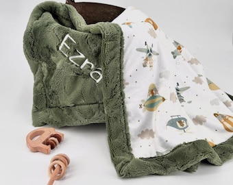 Personalized Baby Blanket Airplane Nursery Throw Minky Custom Name Embroidery Gift Baby Boy Aviation Nursery Keepsake Shower Present Infant