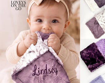 Minky Baby Lovey Security Blanket First Friend Travel Companion Shower Gift Personalized Embroidered Newborn Keepsake Purple Infant Comfort