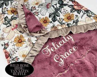 Personalized Baby Blanket vintage floral newborn burgundy baby Gift Satin Ruffle Minky blanket Present Soft Plush antique vintage nursery